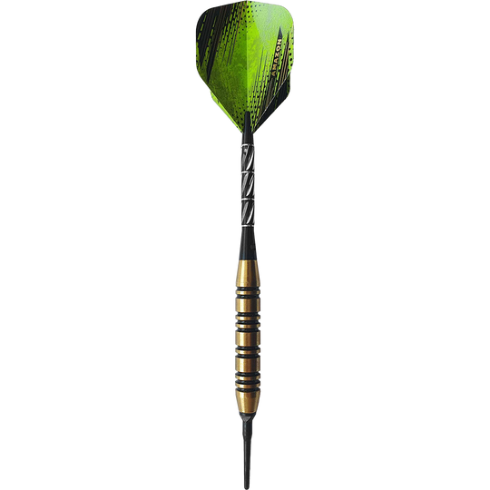 8006_Golden_Green_Softdarts_1YzRtREtk2n3cB Das Bild zeigt einen Softdart-Pfeil mit grünem Flight und gold-schwarzem Griff. Der Dart wiegt 18 Gramm und ist für den Freizeitsport geeignet.