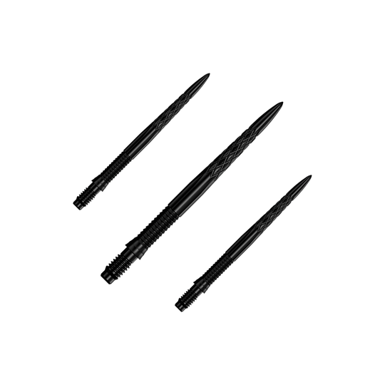 Mission R2.5 Rapid Point DSX Dart Tips - Black Das Bild zeigt ein Set von schwarzen Dartspitzen, 30 mm lang. Die Dartspitzen sind zusammen gruppiert dargestellt.