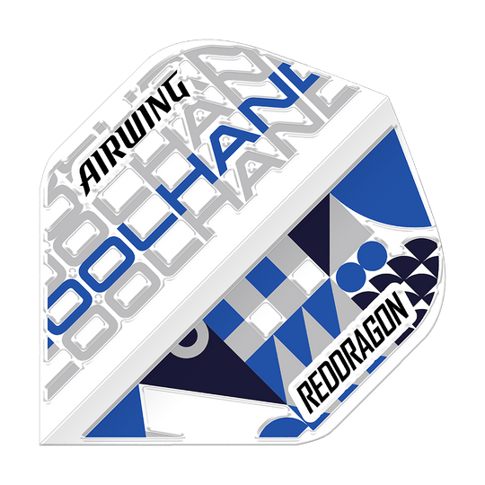 Red Dragon Airwing Luke Humphries White Standard Flights Das Bild zeigt das Produkt "Red Dragon Airwing Luke Humphries White Standard Flights". Das Flight ist überwiegend weiß mit blauen und schwarzen grafischen Elementen sowie der Aufschrift "AIRWING" und "REDDRAGON".