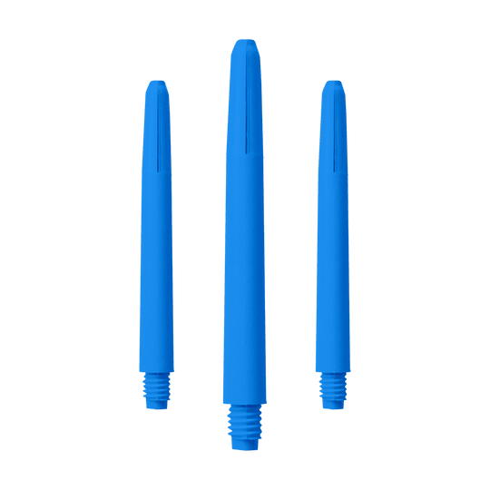 574_Nylon_Shafts_Blau_48mm_1 Das Bild zeigt drei blaue Nylon-Schäfte. Sie sind nebeneinander angeordnet und haben ein Schraubgewinde am unteren Ende.