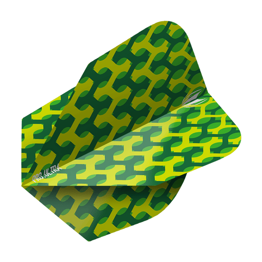 TG69_335230_Target_ProUltra_Fabric_Green_Ten-X_Flights_2 Das Bild zeigt das Produkt "Target ProUltra Fabric Green Ten-X Flights". Die Flügel haben ein grünes Muster mit gelben Akzenten und sind für Dartpfeile bestimmt.