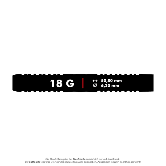 RD2569_Red_Dragon_Gerwyn_Price_Firebird_Softdarts_5_18g Das Bild zeigt die Produktinformationen eines Softdart-Barrels mit 18 Gramm Gewicht. Die Maße sind 50,80 mm Länge und 6,20 mm Durchmesser.