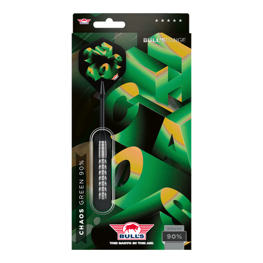 Hier sind die Bulls NL Chaos Green Steeldarts - 24g abgebildet. Die Darts sind grün und eignen sich für Steel-Dartspiele.