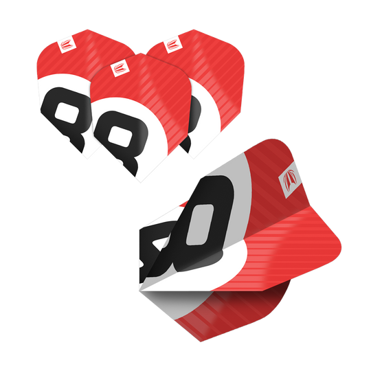 Das Bild zeigt fünf Sets der Target Pro Ultra Chicane Multipack Ten-X Dartflights. Die Flights sind rot, schwarz und weiß gestaltet und tragen eine auffällige Nummer 80.