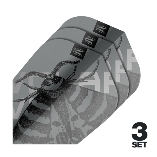 Das Bild zeigt drei Sets der Target Pro Ultra Volar No6 Flights. Die Flights sind grau mit einem detaillierten Insektenmotiv gestaltet.