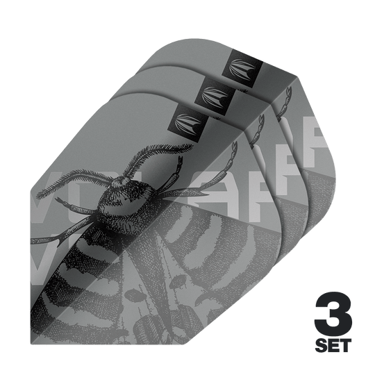 Target Pro Ultra Volar No6 Flights - 3 Sets Das Bild zeigt drei Sets der Target Pro Ultra Volar No6 Flights. Die Flights sind grau mit einem detaillierten Insektenmotiv gestaltet.