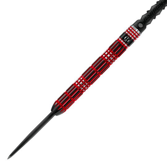 HA33577_Harrows_Red_Horizon_Steeldarts_2 Dies ist ein Steeldart mit einer schwarzen und roten Musterung am Griff. Die Spitze ist aus Metall und der Griff hat ein geripptes Design für besseren Halt.