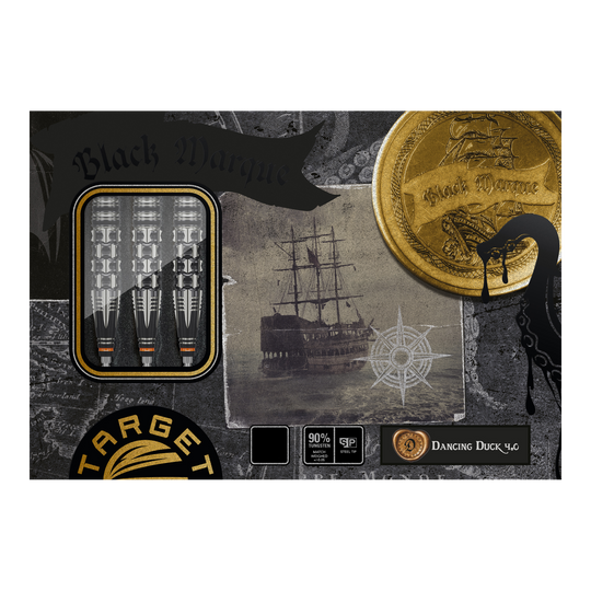 Die Abbildung zeigt die Verpackung der "Target Japan Black Marque Dancing Duck GEN 4 Steeldarts". Auf der Verpackung sind drei Darts, ein Schiff und ein goldener Münzen-Print zu sehen.