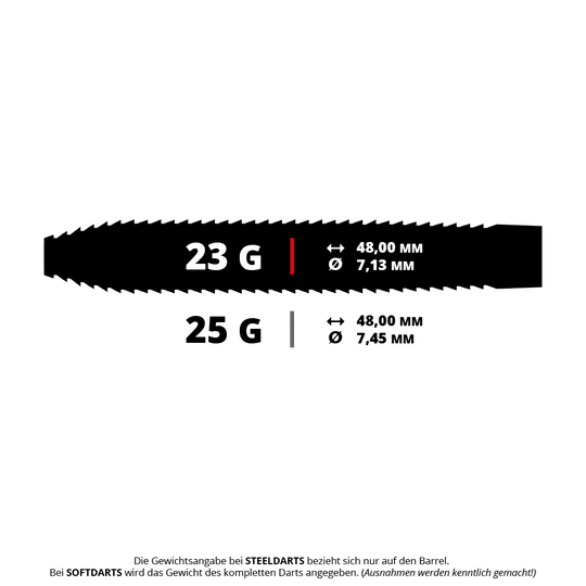 Bulls NL Shark Pro Black Steel Darts Dieses Bild zeigt die Maße und das Gewicht von Steeldarts. Ein Dart wiegt entweder 23 Gramm mit 7,13 mm Durchmesser oder 25 Gramm mit 7,45 mm Durchmesser, beide sind 48 mm lang.