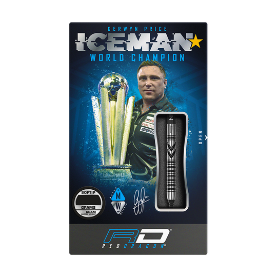 Auf der Verpackung sind die Red Dragon Gerwyn Price Thunderbolt Softdarts - 20g abgebildet. Im Hintergrund sieht man ein Bild von Gerwyn Price mit einem Pokal und der Aufschrift "ICEMAN World Champion".