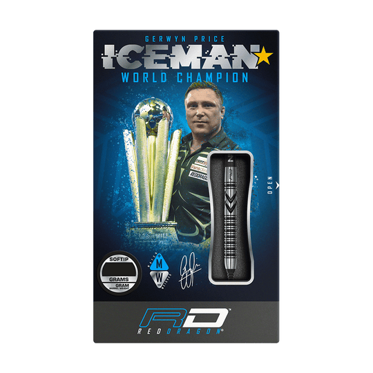 RD2471_Red_Dragon_Gerwyn_Price_Thunderbolt_Softdarts_3 Auf der Verpackung sind die Red Dragon Gerwyn Price Thunderbolt Softdarts - 20g abgebildet. Im Hintergrund sieht man ein Bild von Gerwyn Price mit einem Pokal und der Aufschrift "ICEMAN World Champion".