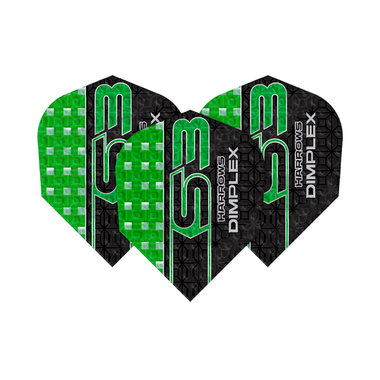 Harrows Dimplex S3 Flights - Green Das Bild zeigt drei grüne und schwarze Dart-Flights des Modells "Harrows Dimplex S3". Auf den Flights steht der Text "Harrows Dimplex S3" in grüner und weißer Schrift.