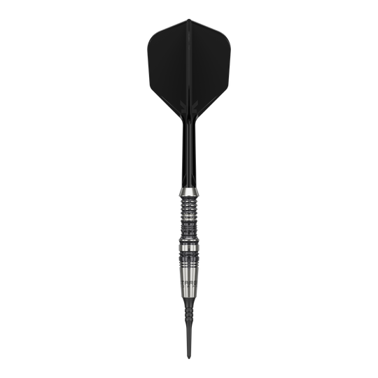 Target Japan Black Marque Heracles Soft Darts - 18g Das Bild zeigt einen Softdart der Marke 'Target Japan Black Marque Heracles' mit einem Gewicht von 18g. Der Dart hat ein elegantes Design mit schwarz-silbernem Barrel und schwarzer Spitze sowie Flight.