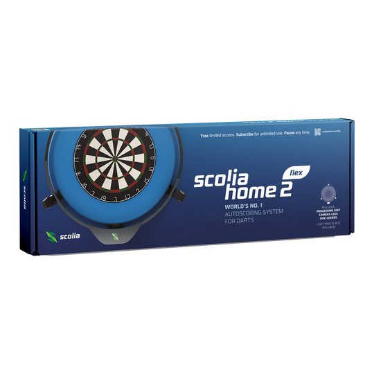 Das Bild zeigt die Verpackung des Produkts "Scolia Home 2 FLEX – Elektronisches Punktesystem". Es ist ein automatisches Auswertungssystem für Darts.