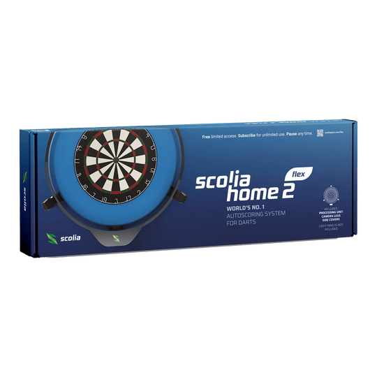 Scolia Home 2 FLEX - Electronic Autoscoring System 2026 Das Bild zeigt die Verpackung des Produkts "Scolia Home 2 FLEX – Elektronisches Punktesystem". Es ist ein automatisches Auswertungssystem für Darts.