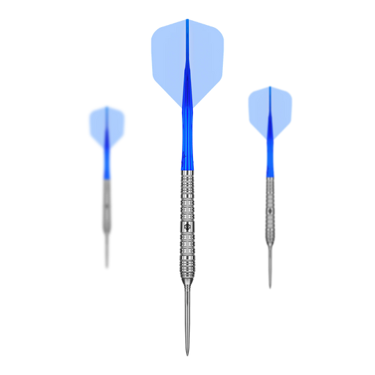 Caliburn Rix EZ-EVO R4 steel darts Das Foto zeigt die Caliburn Rix EZ-EVO R4 Steeldarts als Set. Der Fokus liegt auf dem Aussehen und der Anordnung der Darts.