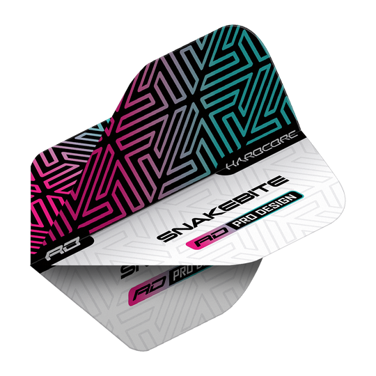 Das Bild zeigt ein Dart-Flight mit einem modernen, bunten Muster in Schwarz, Pink und Blau. Auf dem Flight steht "Snakebite", "Hardcore" und "RD Pro Design".