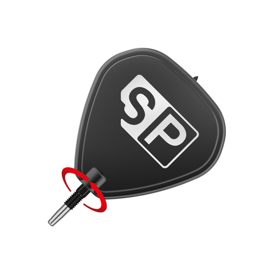 Target Swiss Point Black dart tips Das Bild zeigt eine schwarze Dartspitze mit der weißen Aufschrift "SP". Im unteren Bereich ist ein rotes Element zu sehen, das die Spitze hervorhebt.