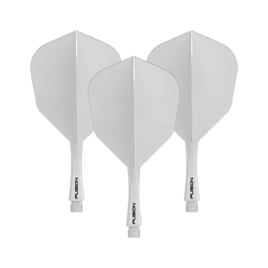 Gezeigt wird das Winmau Fusion Flight Shaft System No6 in Solid White, 22mm (1 Set). Es ist ein weißes Zubehörteil für Dartpfeile.