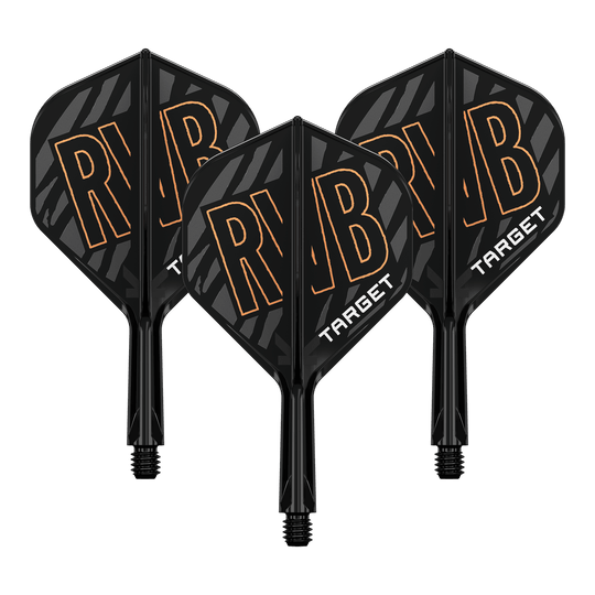 Auf dem Bild sind drei schwarze Dart Flights mit dem orangefarbenen Schriftzug "RVB" zu sehen. Unten auf den Flights steht in weißer Schrift das Wort "TARGET".