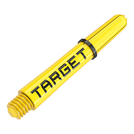 Target Pro Grip TAG Shafts - 3 Sets - Yellow Dies ist ein gelber Dart-Schaft mit der schwarzen Aufschrift "TARGET". Er verfügt über ein Schraubgewinde und einen schwarzen Gummiring.