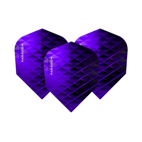 HR7603_Harrows_Paragon_Purple_No2_Standard_Flights_1A9KfSvdxnDNt3 Das Bild zeigt drei Harrows Paragon Purple No2 Standard Flights. Sie sind in einem leuchtenden Lila mit einem geometrischen Muster gestaltet.