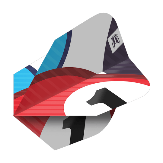 Das Bild zeigt die Target Pro Ultra Chicane Blue Ten-X Flights in einem farbenfrohen Design. Es sind drei Sets von Dartflights abgebildet, die Rot, Blau und Grau als Hauptfarben haben.