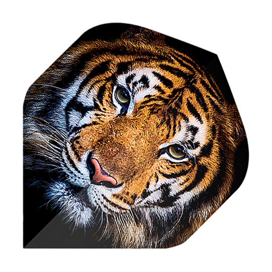 Pentathlon Flights Tiger Das Bild zeigt einen Dartflug mit dem Motiv eines realistisch gezeichneten Tigerkopfes. Es handelt sich um das Produkt "Pentathlon Tiger No2 Standard Flights".