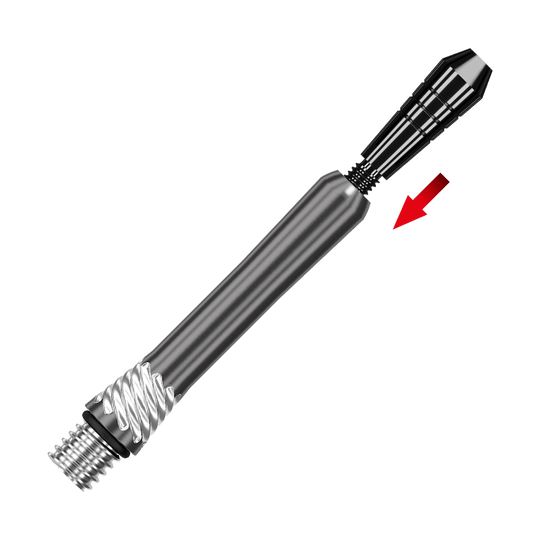 200482_Target_Power_Titanium_Shaft_Ersatztops_Schwarz_2 Auf dem Bild ist ein schwarzer Ersatz-Top für die Target Power Titanium Shafts zu sehen. Ein roter Pfeil zeigt auf das Verbindungsstück des Produkts.
