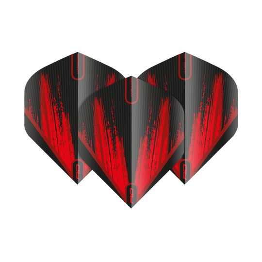 Das Bild zeigt drei Dartflights in Schwarz mit auffälligen roten Streifen. Die Flights tragen das Design "Red Dragon Hardcore Black Red V2 Standard".
