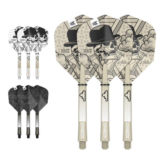 Target Ink Flight Shaft Kit Dimitri Van Den Bergh Auf dem Bild sind drei Dartflights mit Schädel- und Hutdesign sowie der Aufschrift "Dream Maker" zu sehen. Zusätzlich gibt es zwei weitere Sätze Flights in verschiedenen Farben, jeweils mit passenden Shafts.