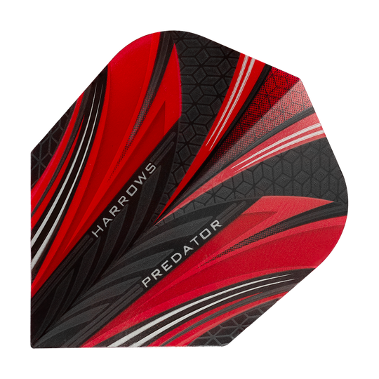 Das Bild zeigt ein Dart-Flight mit dem Namen "Harrows Prime Predator Rot No2 Standard Flights". Das Design ist hauptsächlich rot und schwarz mit weißen Akzenten und geometrischen Mustern.