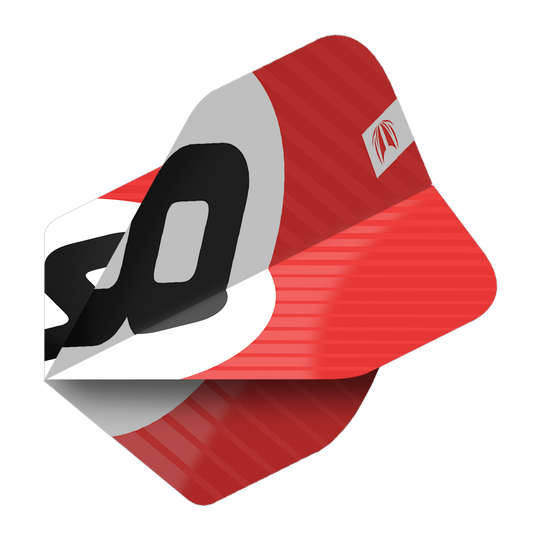 Das Bild zeigt das Produkt "Target Pro Ultra Chicane Red No2 Standard Flights - 3 Sets". Die Flights sind überwiegend rot mit einem auffälligen schwarzen und weißen Design.