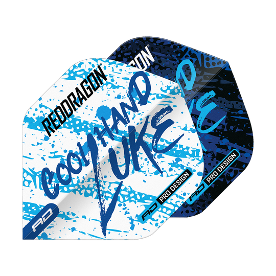 Das Bild zeigt die Red Dragon Luke Humphries World Champion Blue White Yin Yang Standard Flights. Die Flights sind in Blau, Weiß und Schwarz mit auffälligem Schriftzug und Farbspritzern gestaltet.