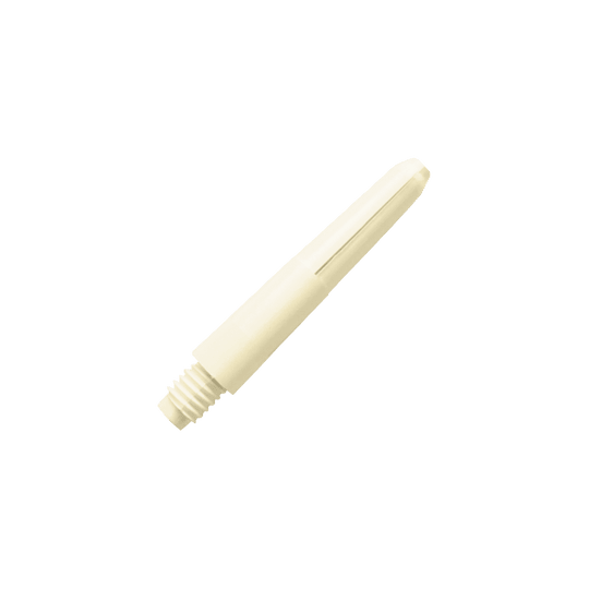 575_Nylon_Shafts_Naturweiss_28mm_2 Das Bild zeigt einen Nylon-Schaft in der Farbe Naturweiß. Der Schaft hat ein schlichtes, glattes Design mit einem Gewinde am unteren Ende.