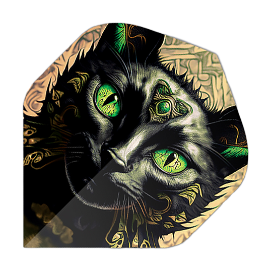 Das Bild zeigt ein Dartflight mit dem Motiv eines schwarzen Katers mit leuchtend grünen Augen. Die Details und Ornamente auf dem Katzenkopf geben dem Flight ein auffälliges, künstlerisches Design.