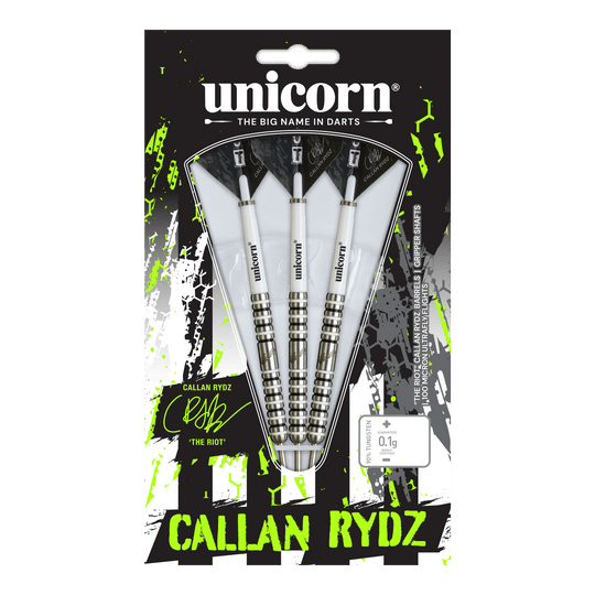 Unicorn Callan Rydz The Riot Phase 2 steel darts Das Bild zeigt einen Steeldart aus der Callan Rydz The Riot Phase2 Serie. Es handelt sich um einen hochwertigen Dartpfeil für ambitionierte Spieler.