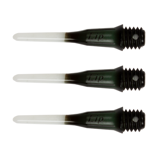 L-Style-Lippoints-Two-Tone-Short-Black9DPo8Ymd5O6s9 Das Bild zeigt drei zweifarbige, kurze Spitzen für Softdarts mit dem Aufdruck "Lip". Die Spitzen sind schwarz und weiß und haben ein Schraubgewinde am Ende.