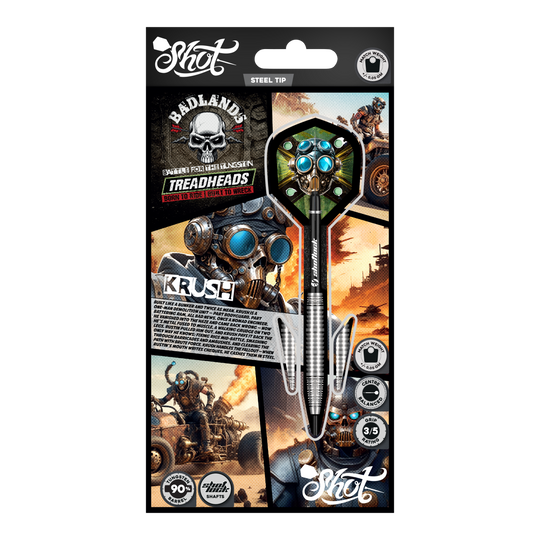 Abgebildet sind die Shot Badlands Krush Steeldarts. Diese Steeldarts sind für ein exaktes Spiel konzipiert.