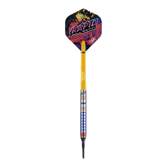 Bulls NL Ricky Evans Rapid Edition One Soft Darts - 20g Das Bild zeigt einen Softdart aus der Serie "Bulls NL Ricky Evans Rapid Edition One" mit einem Gewicht von 20 Gramm. Der Dart hat bunte Akzente, einen gelben Schaft und eine auffällige Flights mit dem Schriftzug "RAPID Ricky Evans".
