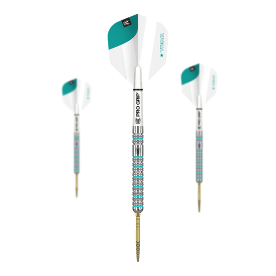 Target Rob Cross GEN2 Swiss Point steel darts Das Bild zeigt drei Target Rob Cross GEN2 Swiss Point Steeldarts. Die Darts haben silberne und türkisfarbene Details sowie weiße Flights mit PRO GRIP Schäften.