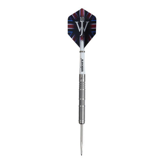 Unicorn James Wade The Machine Range Phase 4 Steeldarts Das Bild zeigt einen Steeldartpfeil aus der Produktreihe „Unicorn James Wade The Machine Range Phase 4“. Der Dartpfeil hat eine silberne Spitze und einen Flight mit buntem Design und den Buchstaben „JW“.