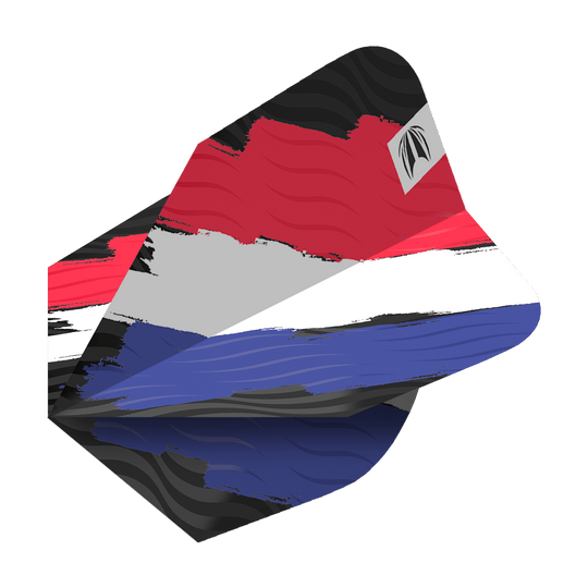 TG67_335790_Target_ProUltra_Flag_Holland_Ten-X_Flights_2 Das Bild zeigt das Produkt "Target Pro Ultra Flag Holland Ten-X Flights". Die Dart-Flights sind in den Farben der niederländischen Flagge gestaltet: Rot, Weiß und Blau.