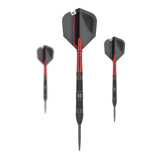 Target Scope 02 Swiss Point steel darts Auf dem Bild sind drei Target Scope 02 Swiss Point Steeldarts zu sehen. Die Darts haben ein modernes Design in Schwarz und Rot mit strukturierten Flights.