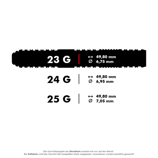 Bulls NL Silvian Steeldarts Das Bild zeigt die Gewichts- und Maßangaben für Steeldarts in 23 g, 24 g und 25 g. Die Länge beträgt jeweils 49,80 mm, der Durchmesser variiert je nach Gewicht zwischen 6,75 mm und 7,05 mm.