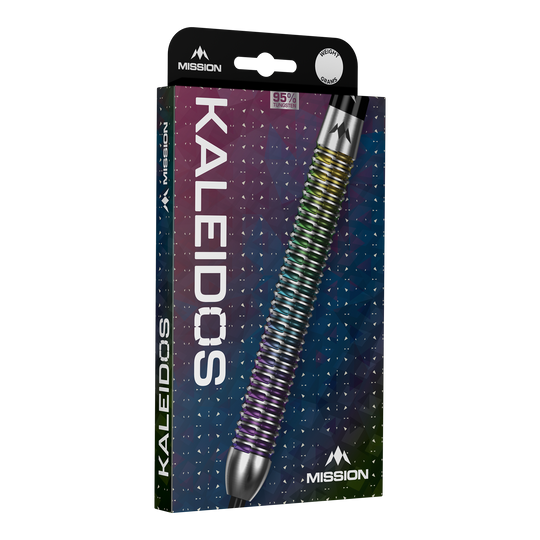 Mission Kaleidos Steeldarts sind auf diesem Bild dargestellt. Die Pfeile überzeugen durch eine bunte Optik und stabile Verarbeitung.