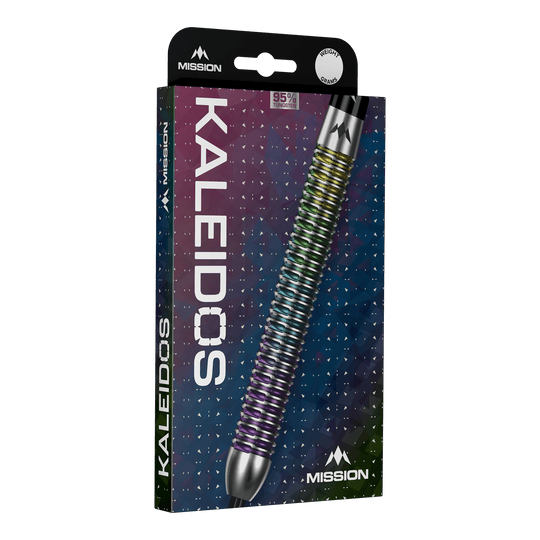 Mission Kaleidos Steeldarts Mission Kaleidos Steeldarts sind auf diesem Bild dargestellt. Die Pfeile überzeugen durch eine bunte Optik und stabile Verarbeitung.