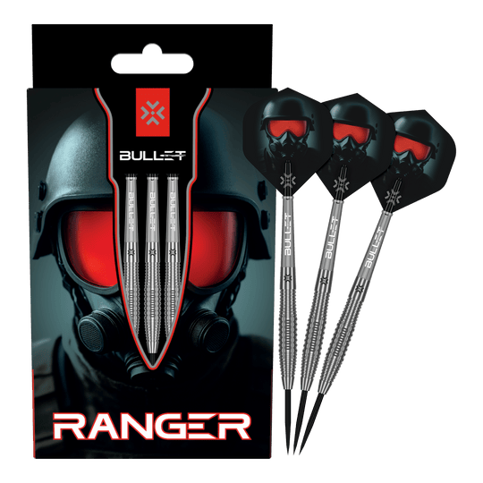 Bullet Ranger steel darts Auf dem Bild ist das vollständige Set der Bullet Ranger Steeldarts zu sehen. Die Steeldarts werden für Präzisionswürfe verwendet.