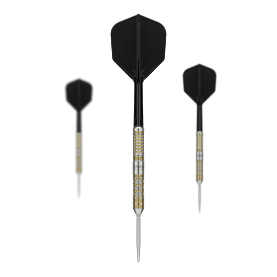 Das Bild zeigt drei Target Japan Black Marque Reyn GEN2 Steeldarts mit schwarzen Flights. Die Dartpfeile haben einen silbernen und goldenen Griffbereich sowie lange, spitze Spitzen.