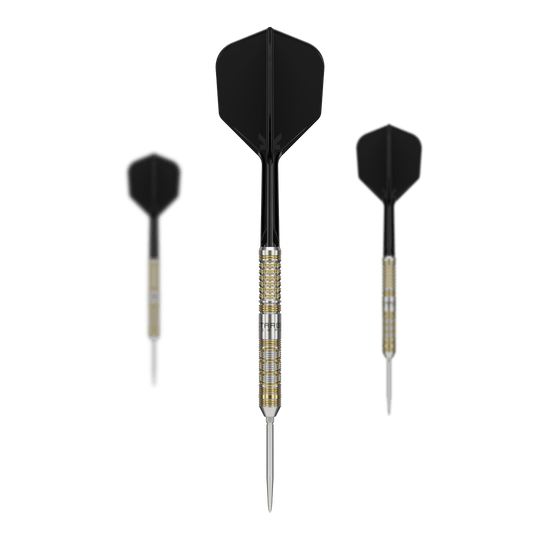 Target Japan Black Marque Reyn GEN2 steel darts Das Bild zeigt drei Target Japan Black Marque Reyn GEN2 Steeldarts mit schwarzen Flights. Die Dartpfeile haben einen silbernen und goldenen Griffbereich sowie lange, spitze Spitzen.